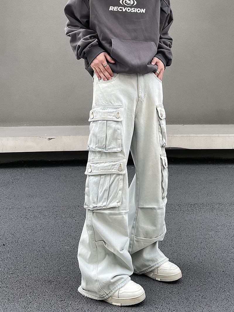 Retro American High Street Multi-Pocket Workwear Washed Denim Pants for Men - Trendy Wide-Leg Loose Slimming Trousers