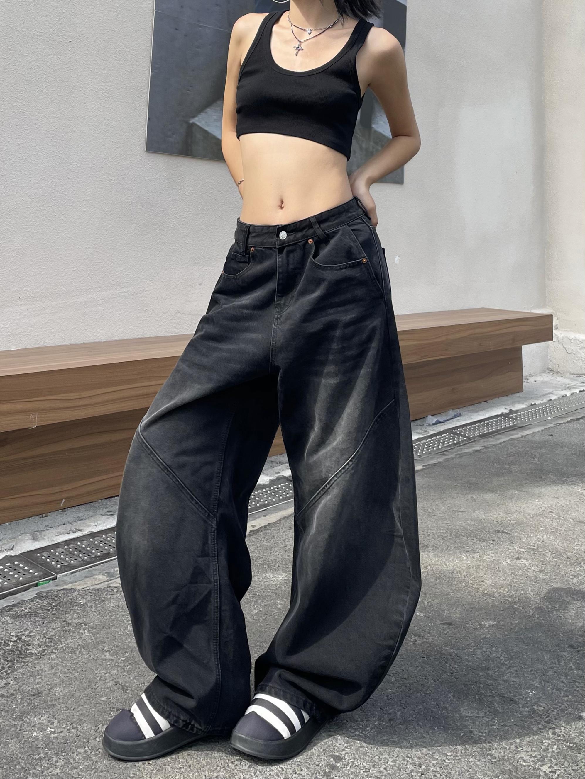 Retro American Wide-Leg Floor-Length Jeans in Distressed Black - Water-Washed Curved Blade Design for Street Style Retro American Wide-Leg Floor-Length Jeans in Distressed Black - Water-Washed Curved Blade Design for Street Style