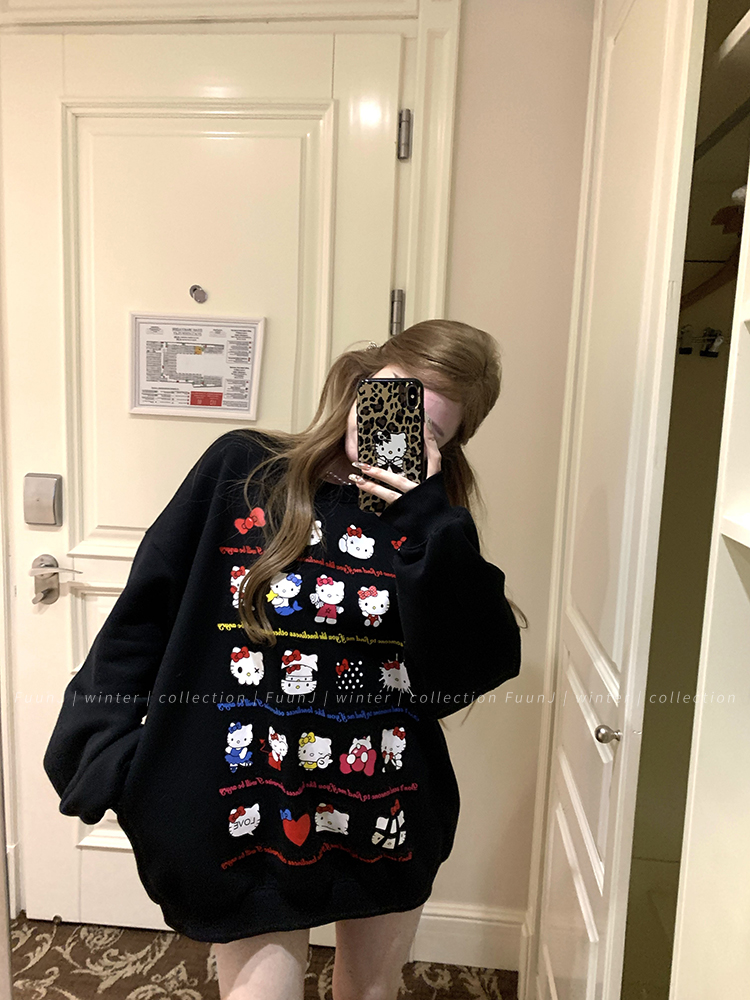 Retro Black Loose Fit Fleece Sweatshirt for Women - Cozy Round Neck Pullover Top in Lazy Style, Perfect for Y2K and Casual Looks Retro Black Loose Fit Fleece Sweatshirt for Women - Cozy Round Neck Pullover Top in Lazy Style, Perfect for Y2K and Casual Looks