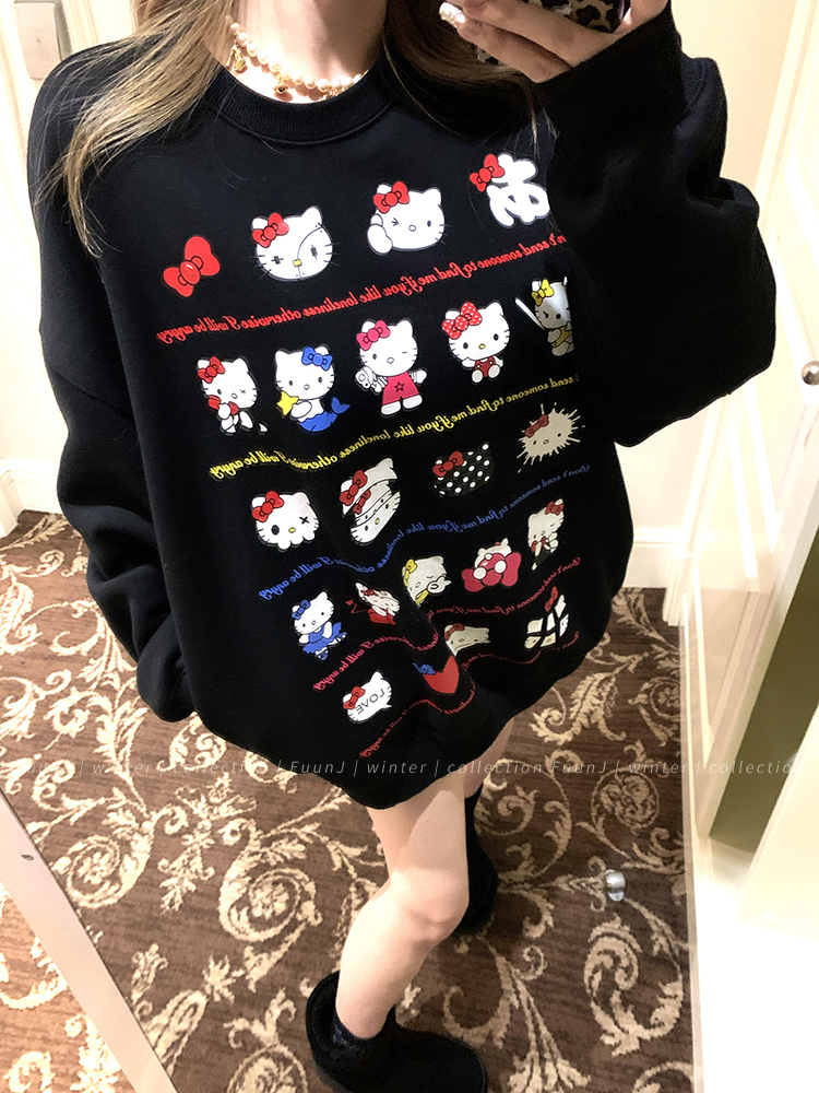 Retro Black Loose Fit Fleece Sweatshirt for Women - Cozy Round Neck Pullover Top in Lazy Style, Perfect for Y2K and Casual Looks Retro Black Loose Fit Fleece Sweatshirt for Women - Cozy Round Neck Pullover Top in Lazy Style, Perfect for Y2K and Casual Looks