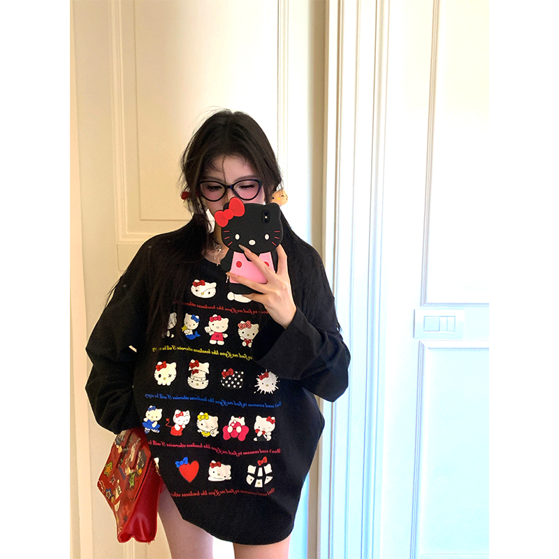 Retro Black Loose Fit Fleece Sweatshirt for Women - Cozy Round Neck Pullover Top in Lazy Style, Perfect for Y2K and Casual Looks Retro Black Loose Fit Fleece Sweatshirt for Women - Cozy Round Neck Pullover Top in Lazy Style, Perfect for Y2K and Casual Looks