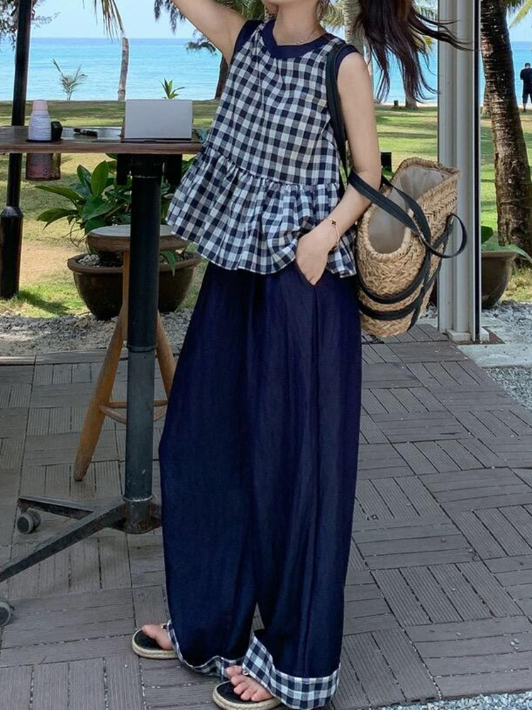 Retro Blue Checkered Cuffed Wide-Leg Pants for Women - 2025 Summer High-End Fashion Casual Floor-Length Trousers