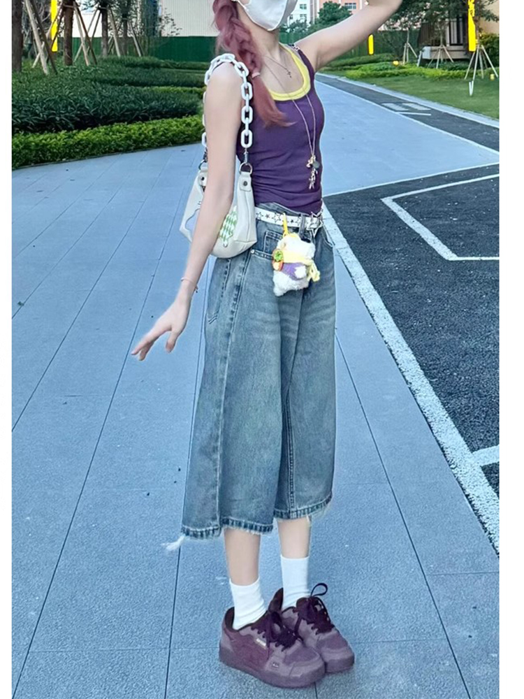 Retro Blue Wide-Leg Denim Shorts for Women - Summer Loose Fit Slimming Mid-Length Straight-Cut Fashionable Versatile Three-Quarter Pants