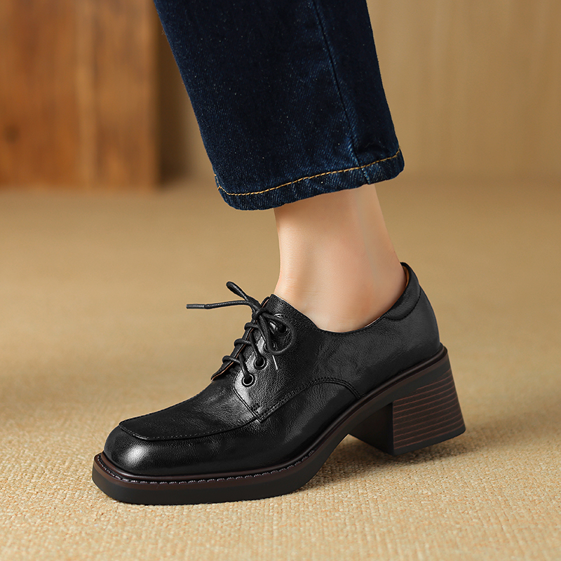 Retro British Style Leather Loafers for Women, Lace-Up, Square Toe, Chunky Heel, Sheepskin, Versatile Autumn Footwear Retro British Style Leather Loafers for Women, Lace-Up, Square Toe, Chunky Heel, Sheepskin, Versatile Autumn Footwear