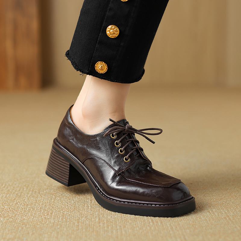 Retro British Style Leather Loafers for Women, Lace-Up, Square Toe, Chunky Heel, Sheepskin, Versatile Autumn Footwear Retro British Style Leather Loafers for Women, Lace-Up, Square Toe, Chunky Heel, Sheepskin, Versatile Autumn Footwear