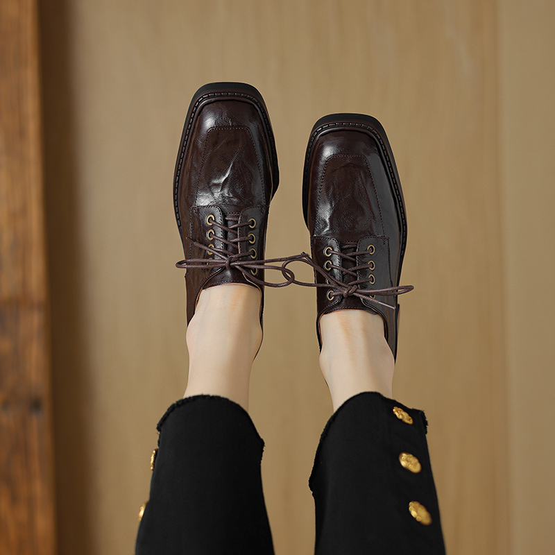 Retro British Style Leather Loafers for Women, Lace-Up, Square Toe, Chunky Heel, Sheepskin, Versatile Autumn Footwear Retro British Style Leather Loafers for Women, Lace-Up, Square Toe, Chunky Heel, Sheepskin, Versatile Autumn Footwear