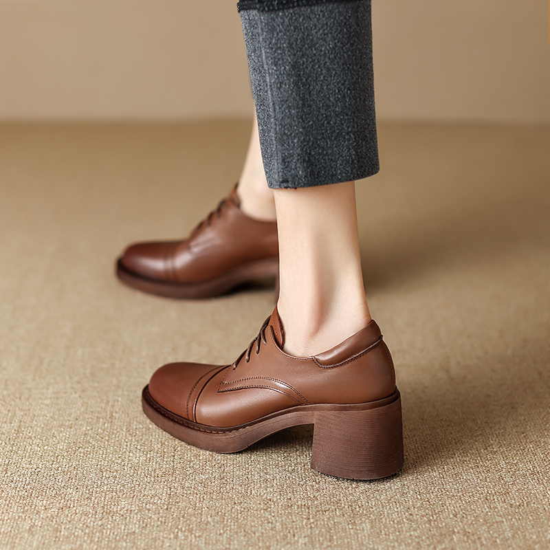 Retro British Style Women's Lace-Up Chunky Heel Loafers - Mid-Heel Genuine Leather Shoes Size 41-43 Retro British Style Women's Lace-Up Chunky Heel Loafers - Mid-Heel Genuine Leather Shoes Size 41-43