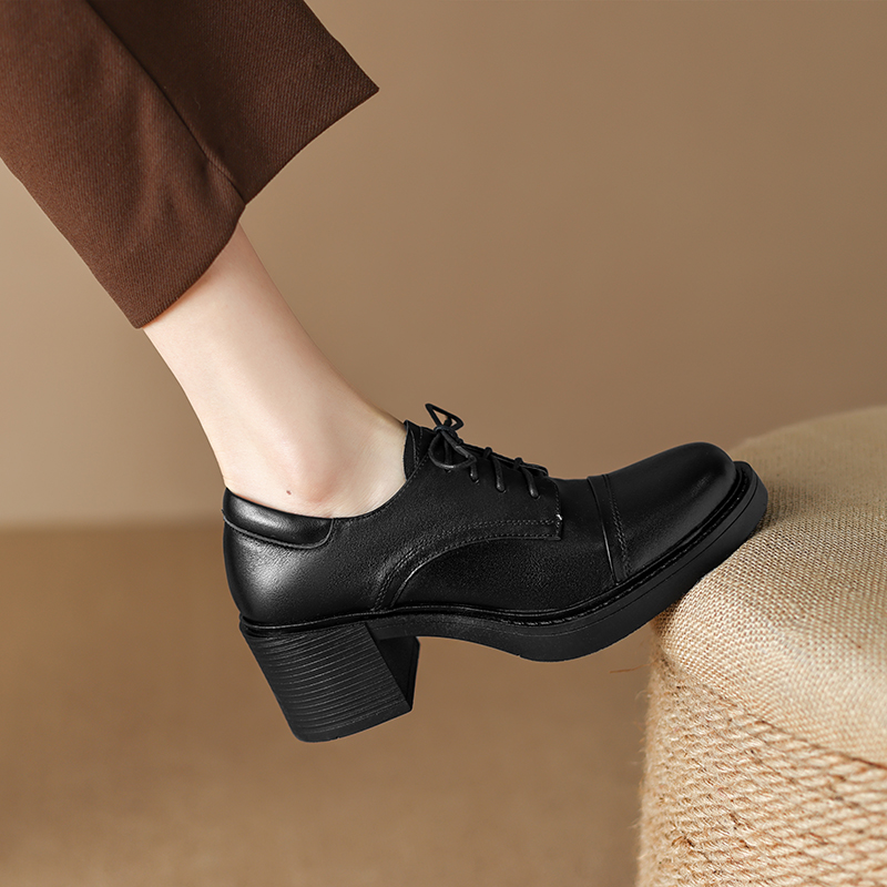 Retro British Style Women's Lace-Up Chunky Heel Loafers - Mid-Heel Genuine Leather Shoes Size 41-43