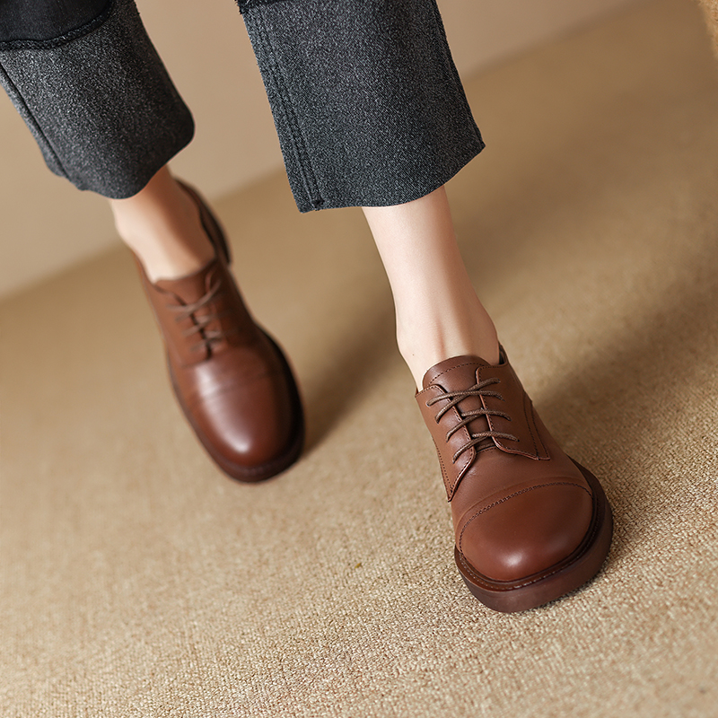 Retro British Style Women's Lace-Up Chunky Heel Loafers - Mid-Heel Genuine Leather Shoes Size 41-43 Retro British Style Women's Lace-Up Chunky Heel Loafers - Mid-Heel Genuine Leather Shoes Size 41-43