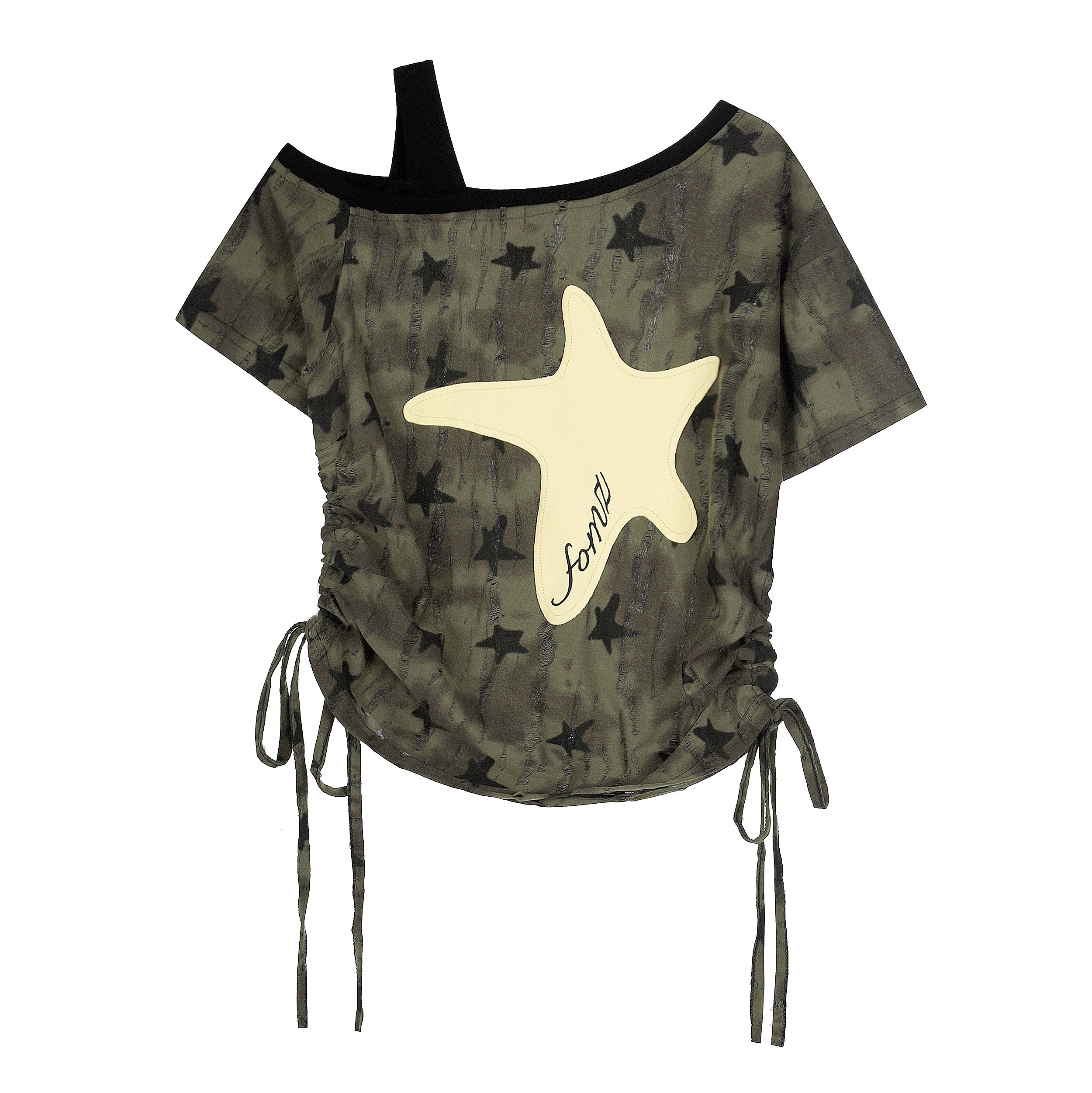 Retro Camouflage Patchwork Off-Shoulder Short Sleeve Women's Summer T-Shirt with Ripped Star Design