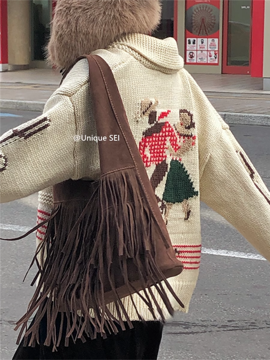 Retro Cartoon Knitted Sweater Jacket with Lapel and Zipper - Casual Winter Street Style for Versatile Looks Retro Cartoon Knitted Sweater Jacket with Lapel and Zipper - Casual Winter Street Style for Versatile Looks