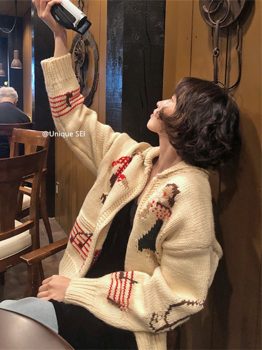 Retro Cartoon Knitted Sweater Jacket with Lapel and Zipper - Casual Winter Street Style for Versatile Looks Retro Cartoon Knitted Sweater Jacket with Lapel and Zipper - Casual Winter Street Style for Versatile Looks