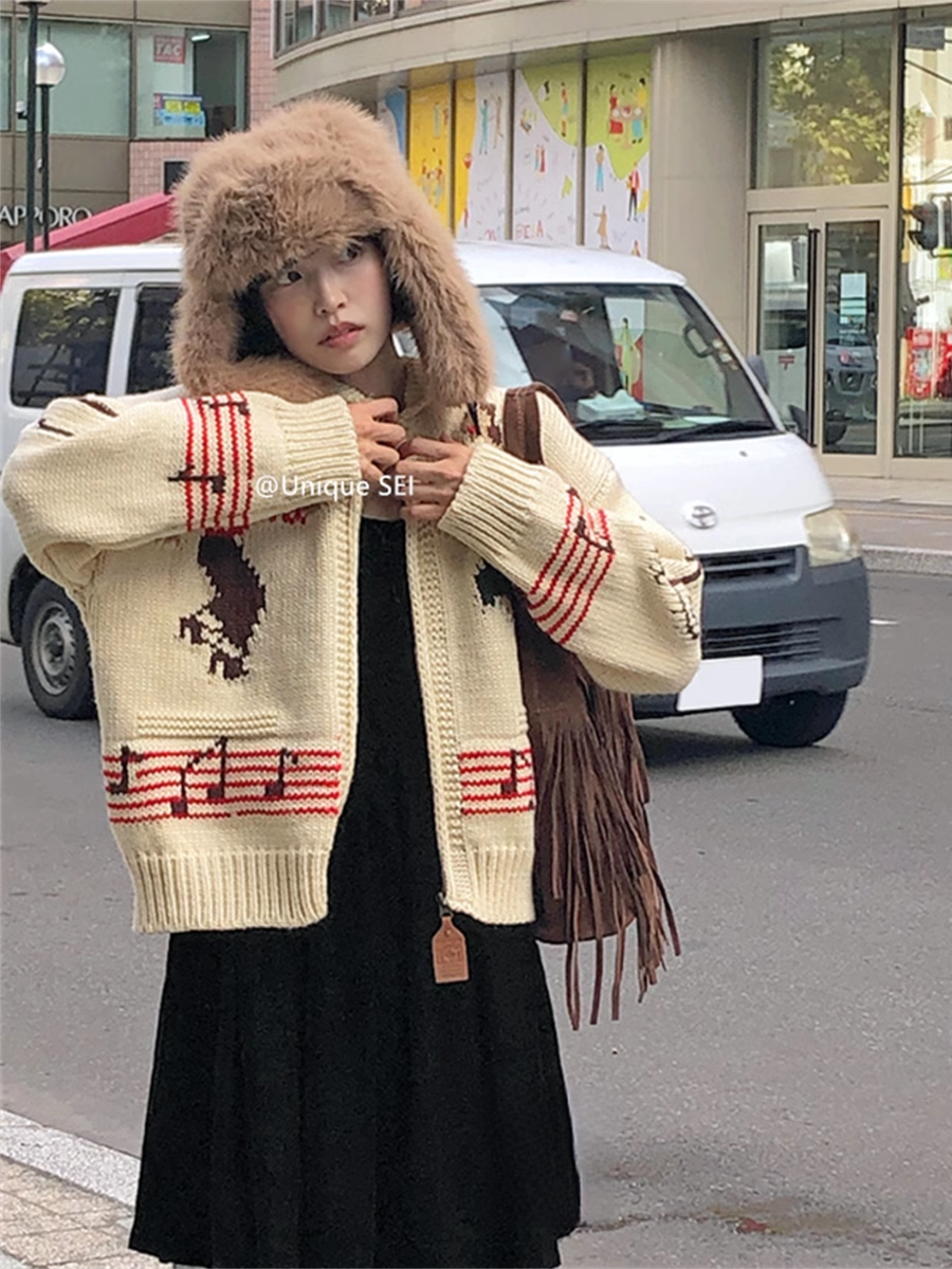 Retro Cartoon Knitted Sweater Jacket with Lapel and Zipper - Casual Winter Street Style for Versatile Looks Retro Cartoon Knitted Sweater Jacket with Lapel and Zipper - Casual Winter Street Style for Versatile Looks