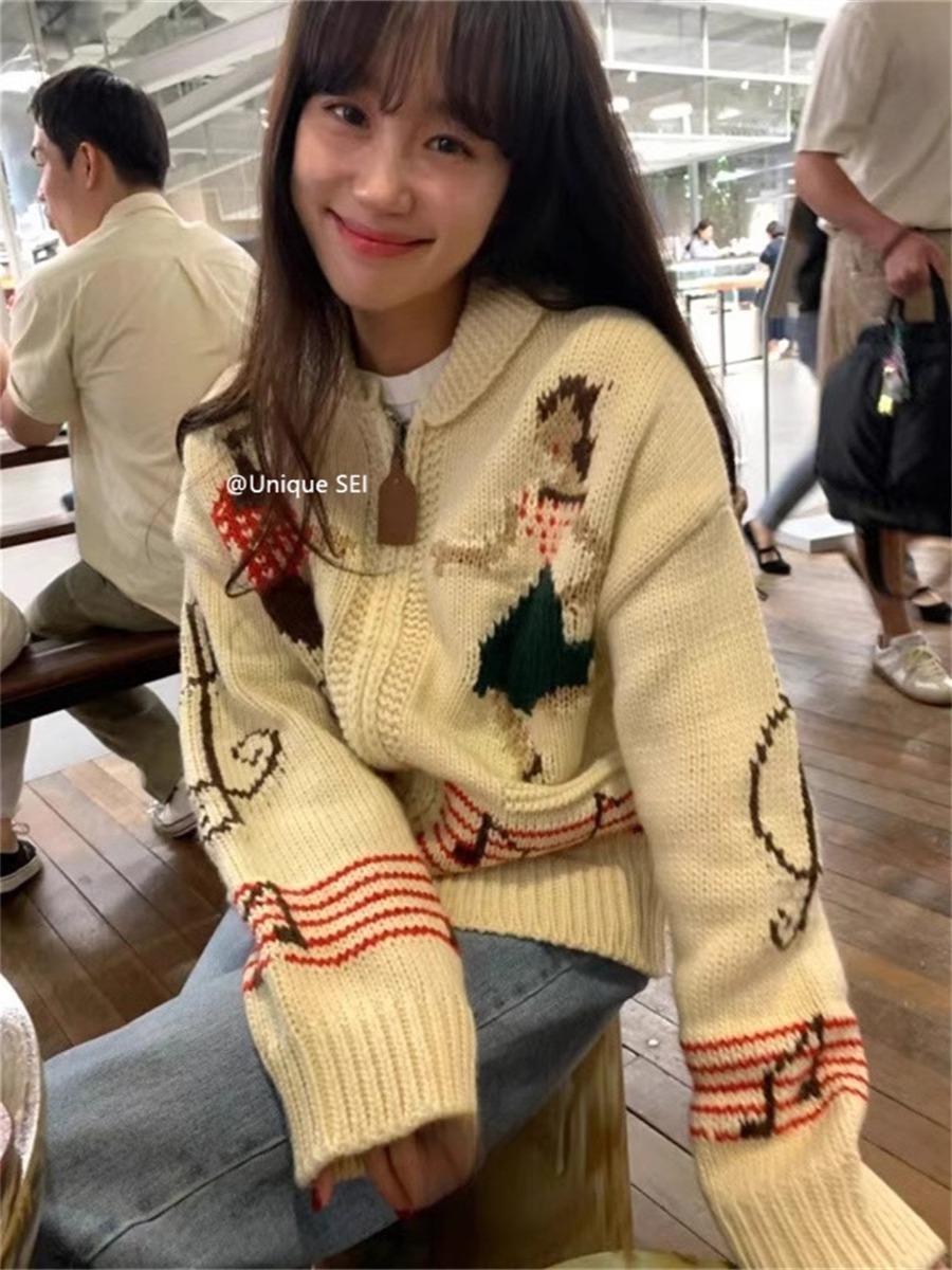 Retro Cartoon Knitted Sweater Jacket with Lapel and Zipper - Casual Winter Street Style for Versatile Looks Retro Cartoon Knitted Sweater Jacket with Lapel and Zipper - Casual Winter Street Style for Versatile Looks