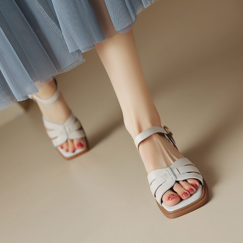 Retro Chunky-Heeled Open-Toe Sandals for Women - Summer Square Toe, Slimming Mid-Heel, Genuine Leather Roman Shoes, Versatile Size 41