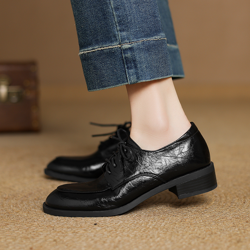 Retro Chunky-Heeled Round-Toe Lace-Up Loafers for Women, Large Sizes 41-43, Spring British Style Deep Mouth Flats