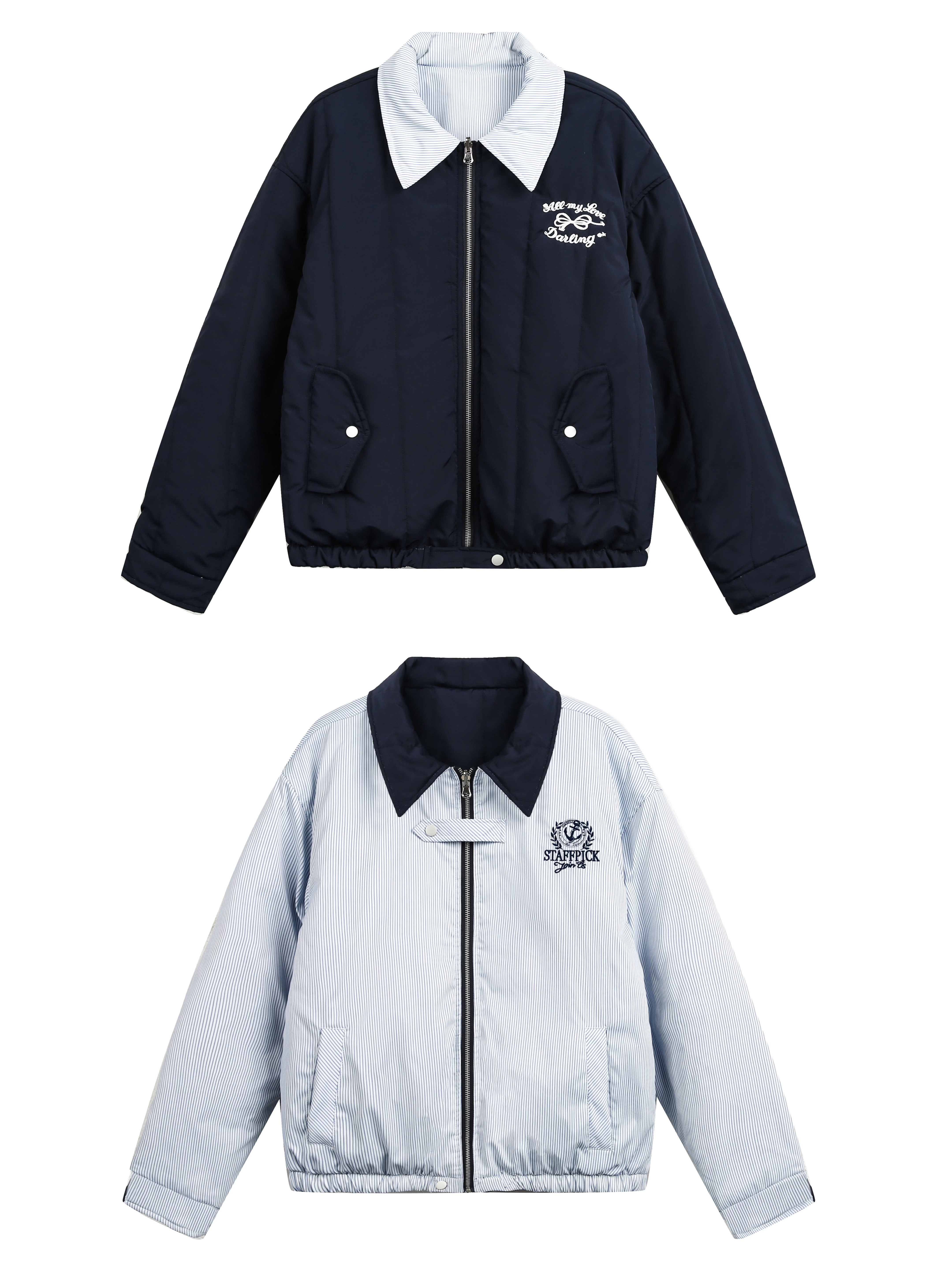 Retro College Striped Reversible Cotton Jacket - Loose Warm Short Coat in American Style for 90s Vintage Fashion