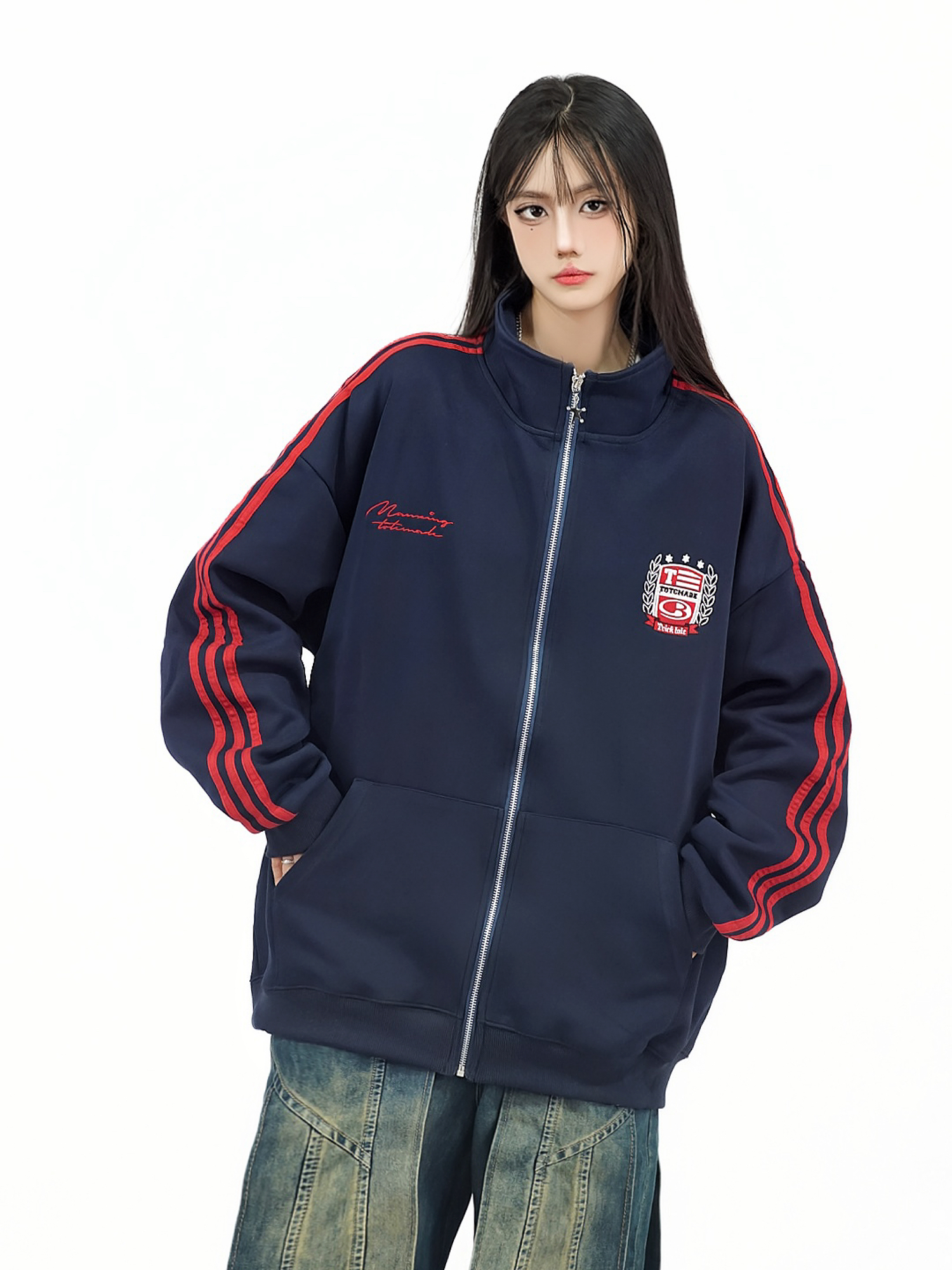 Retro College Style Stand Collar Zip-Up Jacket with Contrasting Stripes - Casual Versatile Sports Cardigan for Autumn