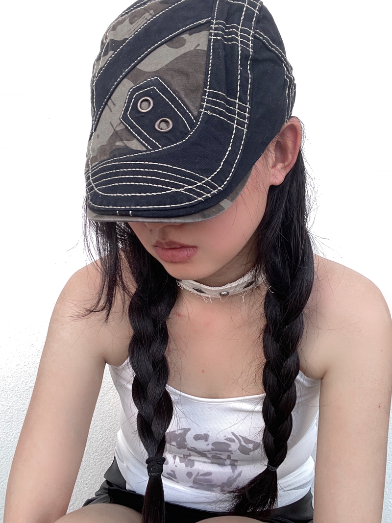 Retro Color-Blocking Camouflage Flat-Brim Painter's Cap - Versatile Japanese Style Newsboy Duckbill Beret