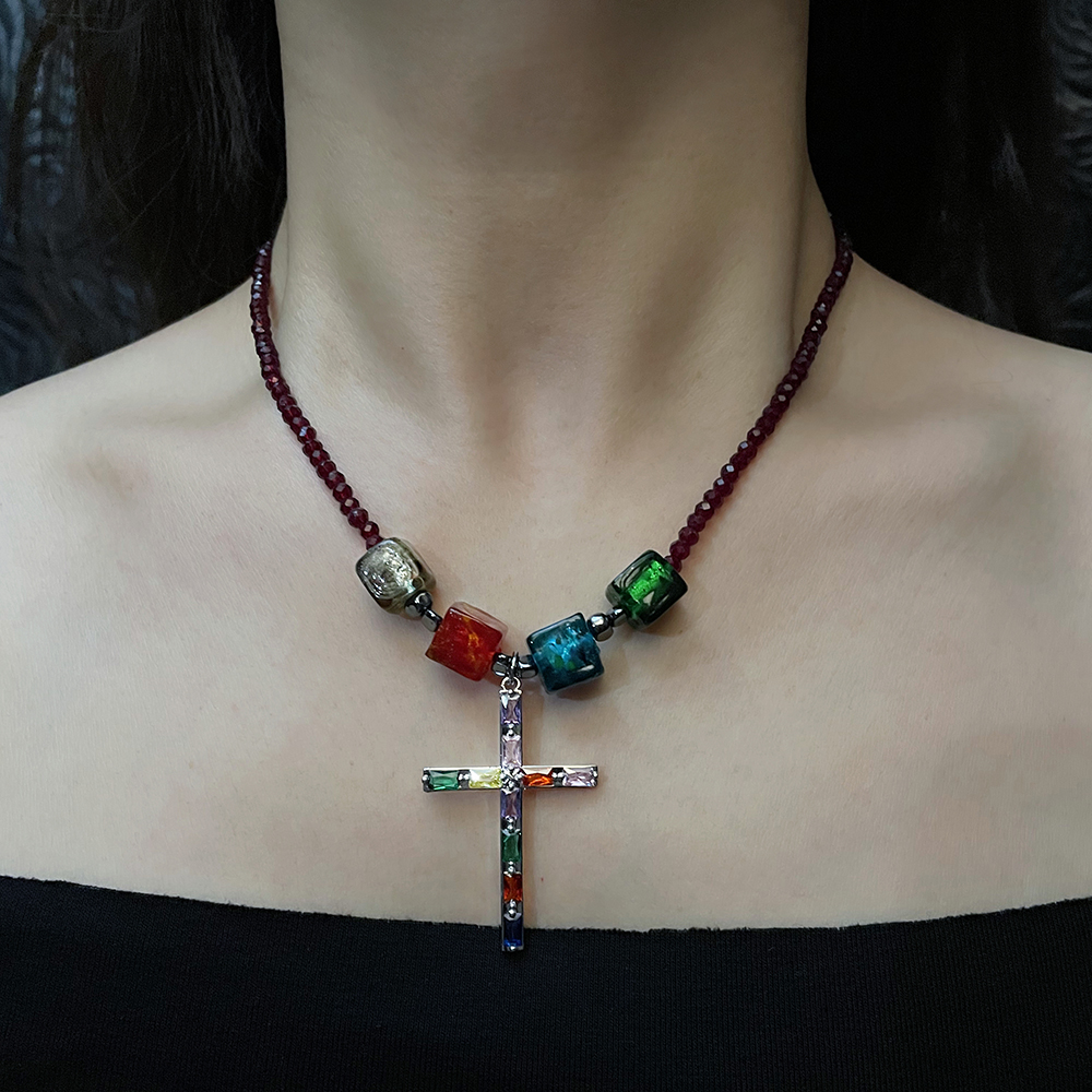Retro Colorful Clavicle Necklace for Women - Y2K Cross Chain, Versatile Sweet & Spicy Accessory Trend for 2025