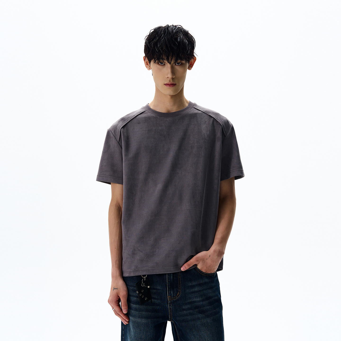 Retro Deconstructed Suede Short-Sleeve T-Shirt - Boxy Fit, Dropped Shoulders, Cropped Design, 90s Inspired Fashion Retro Deconstructed Suede Short-Sleeve T-Shirt - Boxy Fit, Dropped Shoulders, Cropped Design, 90s Inspired Fashion