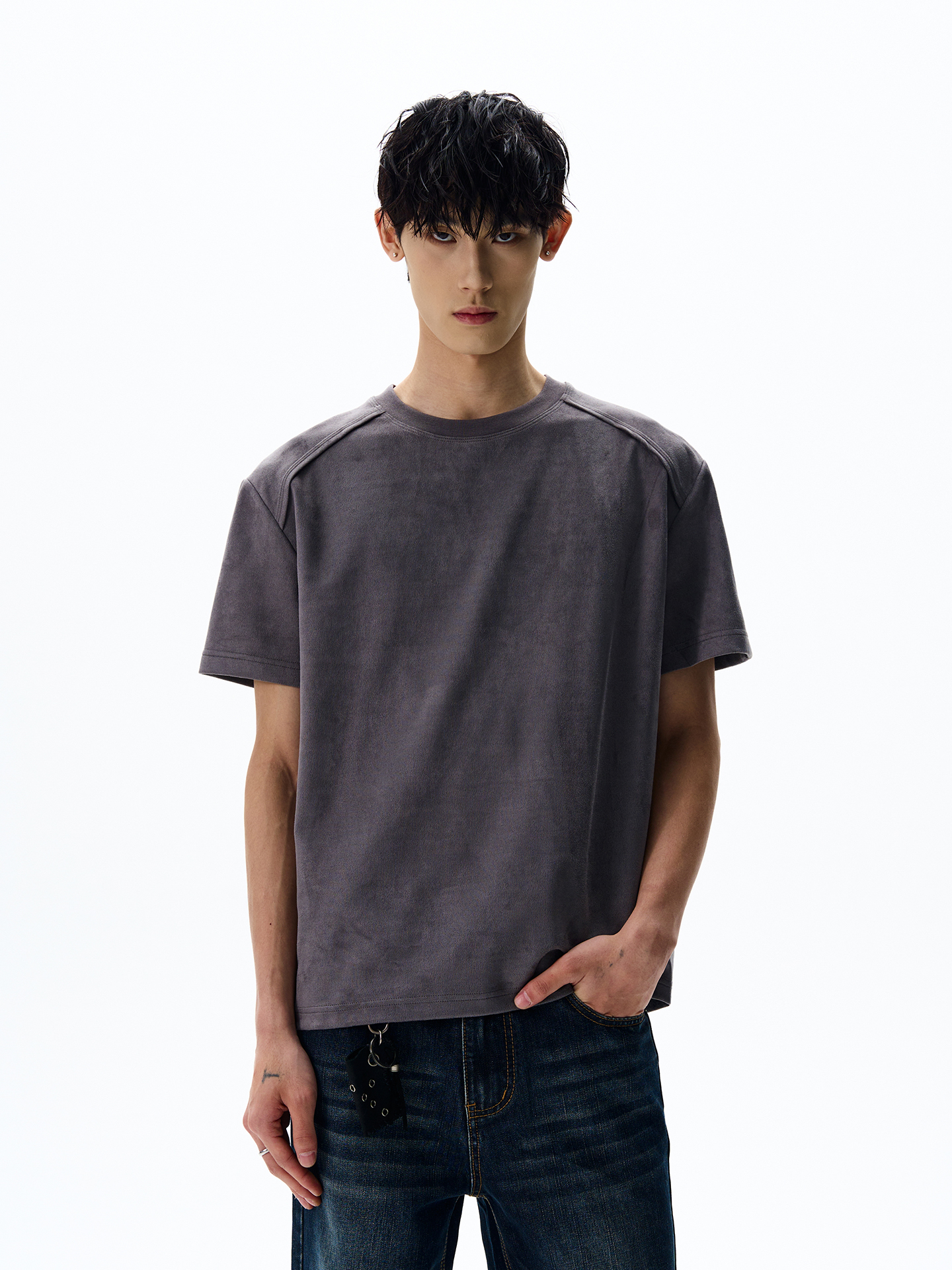 Retro Deconstructed Suede Short-Sleeve T-Shirt - Boxy Fit, Dropped Shoulders, Cropped Design, 90s Inspired Fashion Retro Deconstructed Suede Short-Sleeve T-Shirt - Boxy Fit, Dropped Shoulders, Cropped Design, 90s Inspired Fashion