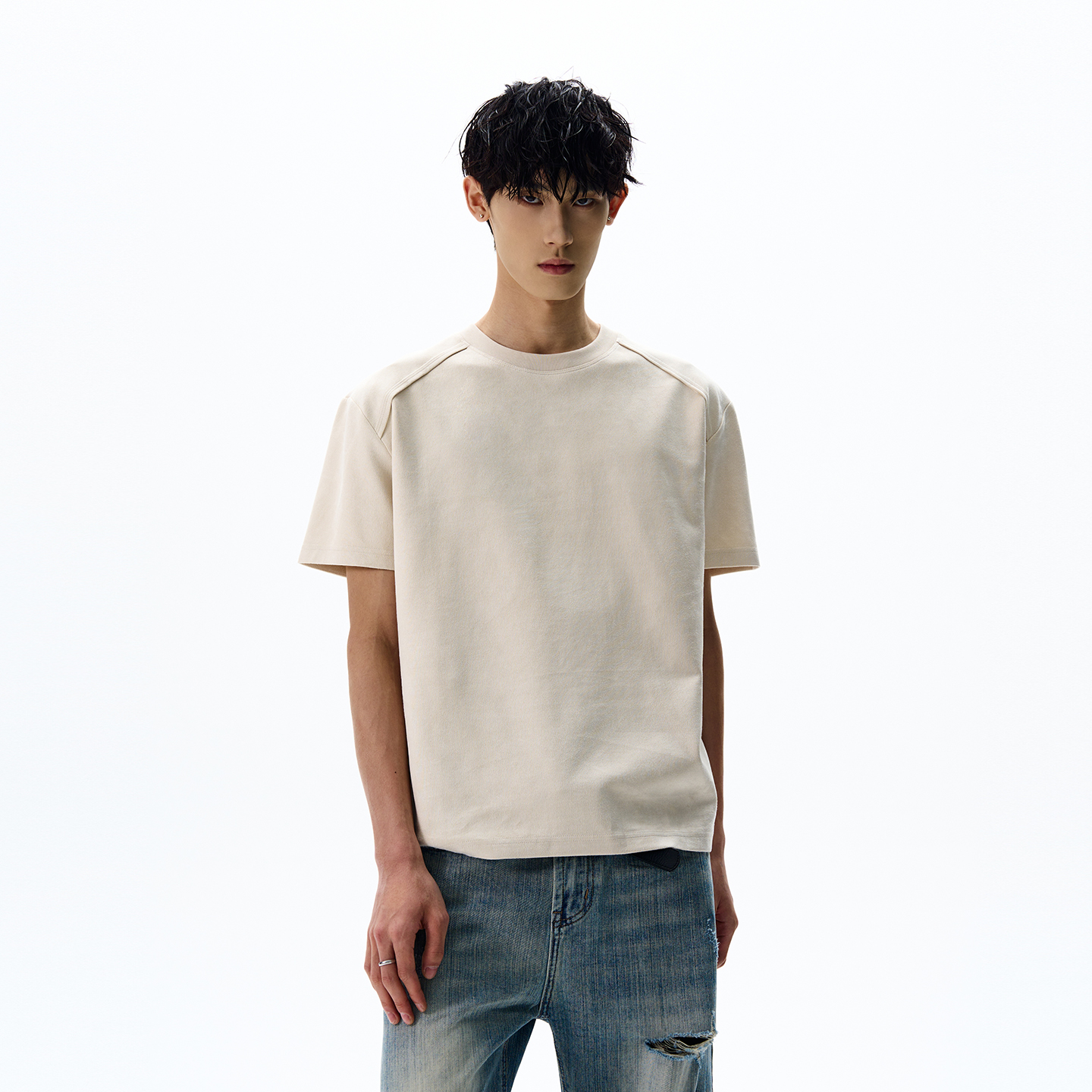 Retro Deconstructed Suede Short-Sleeve T-Shirt - Boxy Fit, Dropped Shoulders, Cropped Design, 90s Inspired Fashion Retro Deconstructed Suede Short-Sleeve T-Shirt - Boxy Fit, Dropped Shoulders, Cropped Design, 90s Inspired Fashion