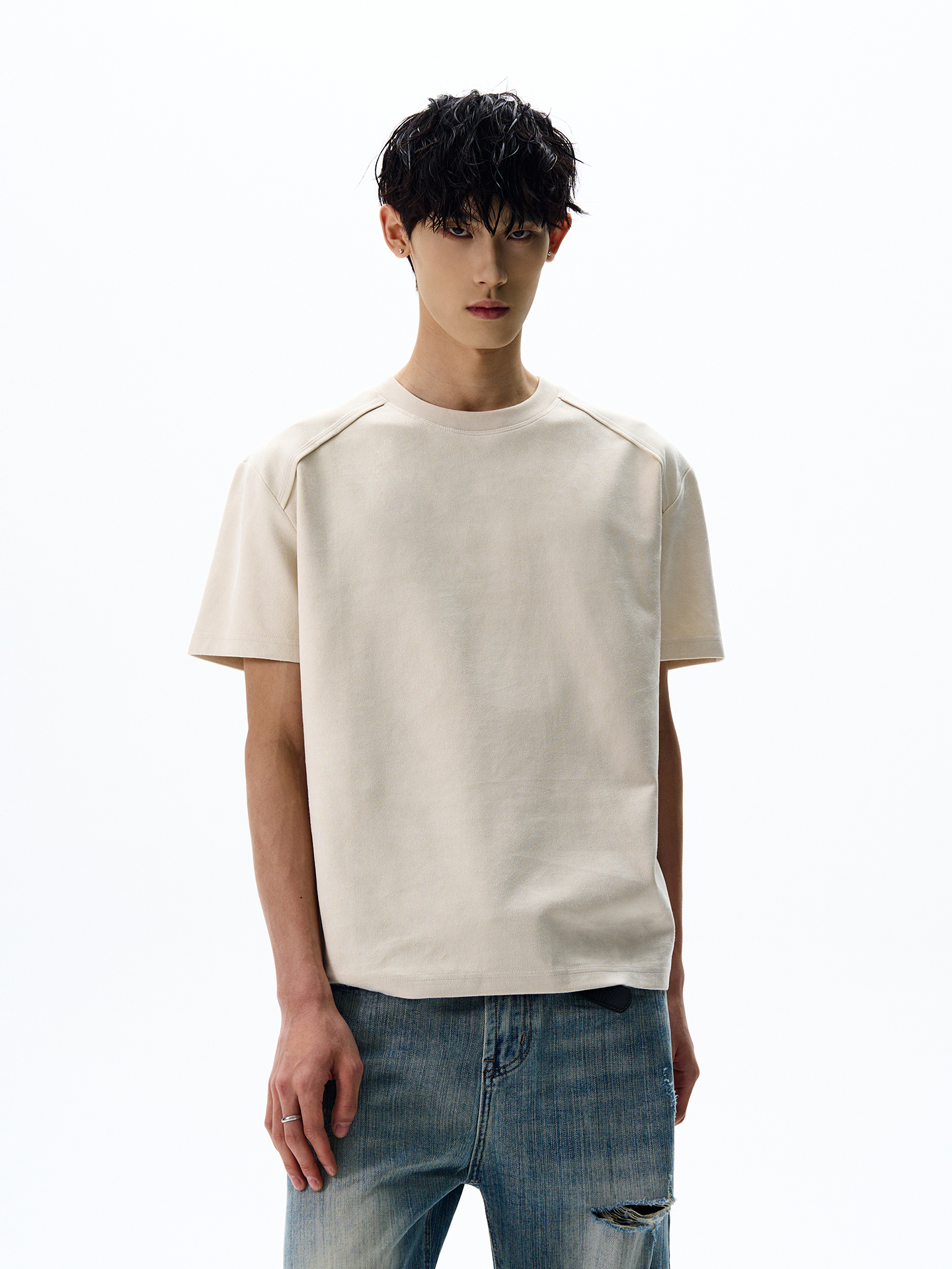 Retro Deconstructed Suede Short-Sleeve T-Shirt - Boxy Fit, Dropped Shoulders, Cropped Design, 90s Inspired Fashion Retro Deconstructed Suede Short-Sleeve T-Shirt - Boxy Fit, Dropped Shoulders, Cropped Design, 90s Inspired Fashion