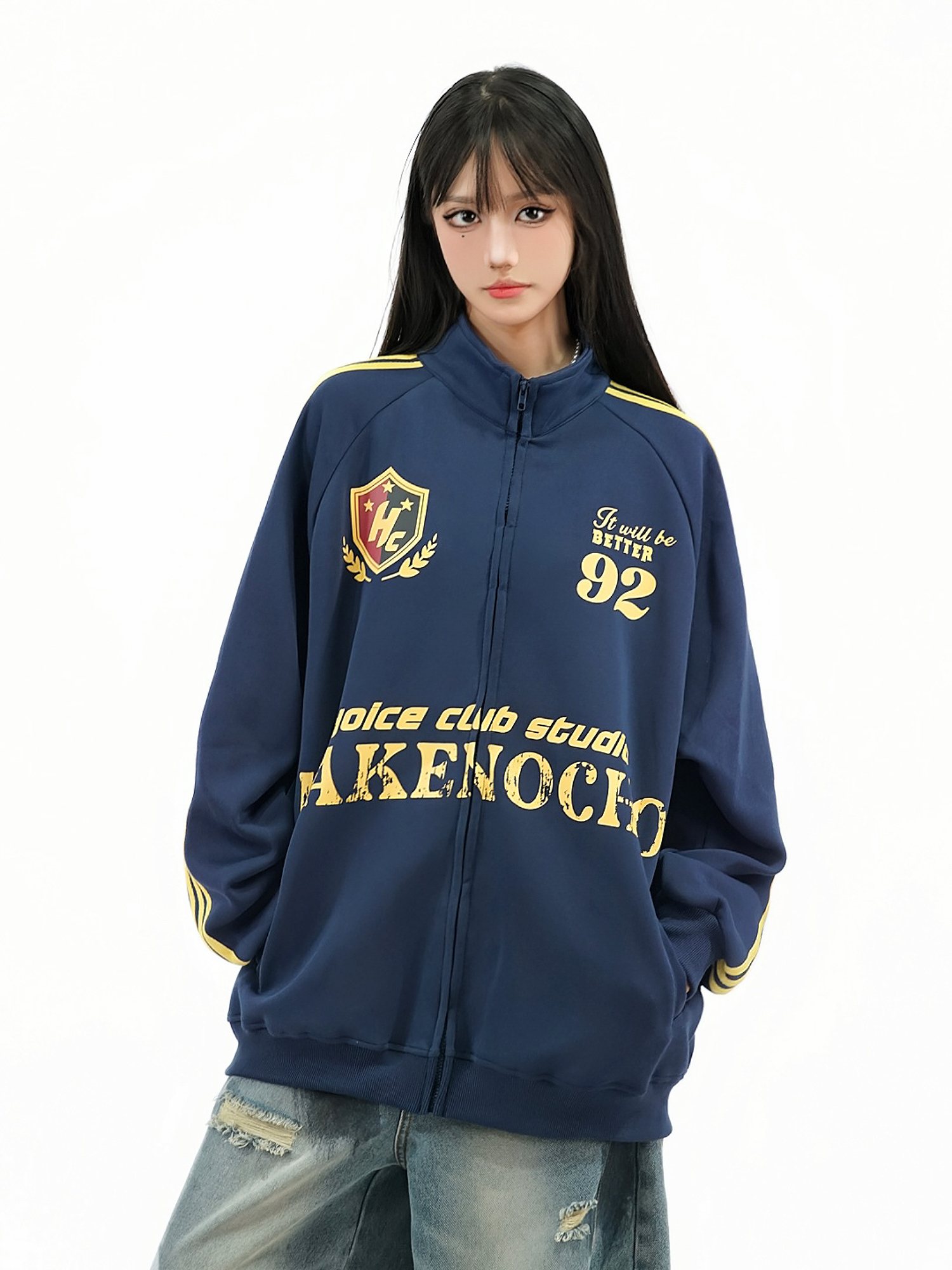 Retro Distressed Stand Collar Zip-Up Cardigan Jacket for Couples - American College Style Casual Versatile Top