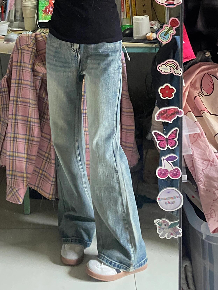 Retro Embroidered Flared Denim Pants for Women - Loose Wide-Leg Summer Trousers, Slimming Fit, Y2K Style