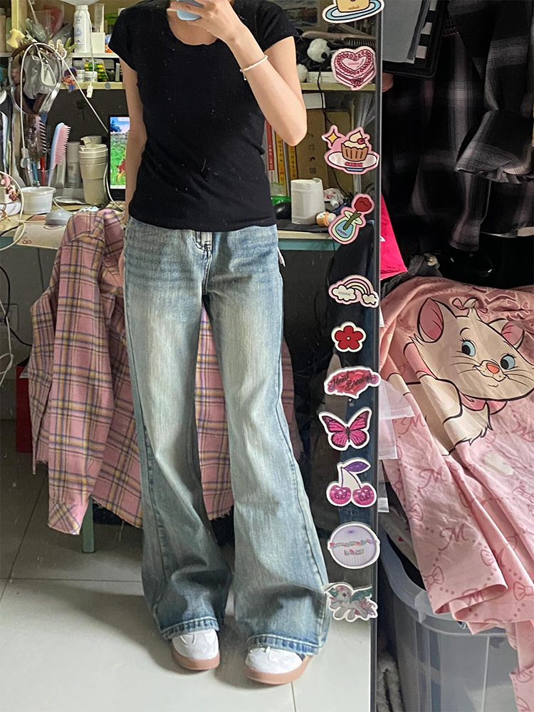 Retro Embroidered Flared Denim Pants for Women - Loose Wide-Leg Summer Trousers, Slimming Fit, Y2K Style Retro Embroidered Flared Denim Pants for Women - Loose Wide-Leg Summer Trousers, Slimming Fit, Y2K Style