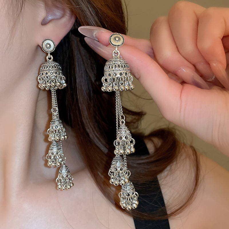 Retro Ethnic Oval Bell Earrings with Long Tassel - High-End Versatile Ear Accessories for a Chic Look