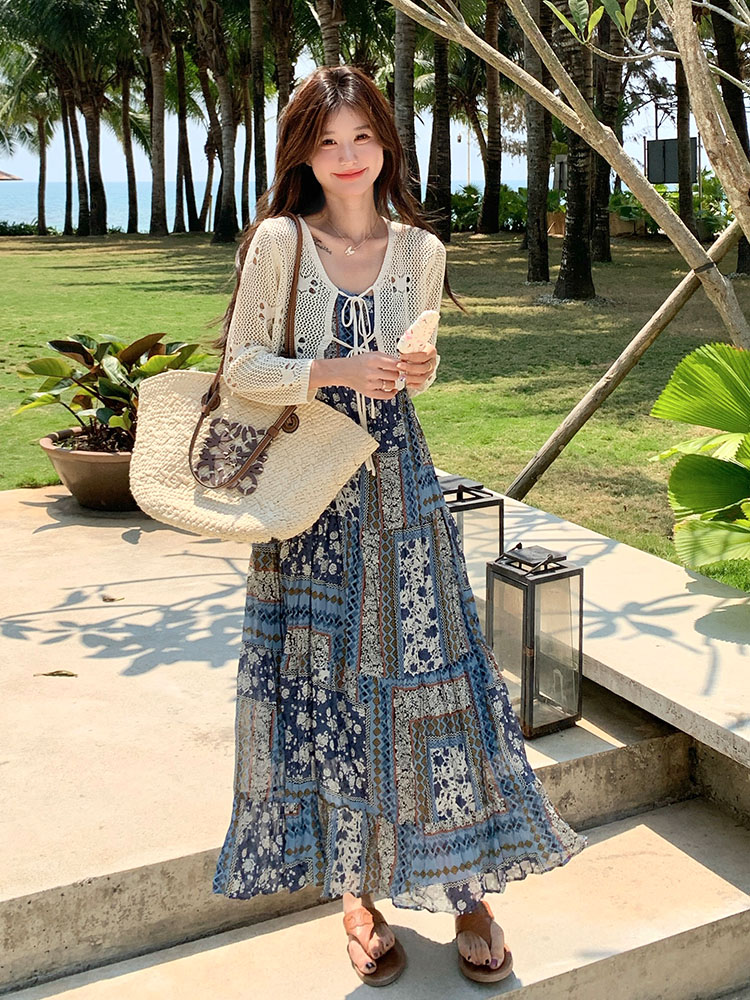 Retro Ethnic Printed Camisole Dress Set with Hollow-Out Cardigan - 2025 Summer Women's Two-Piece Vacation Outfit Retro Ethnic Printed Camisole Dress Set with Hollow-Out Cardigan - 2025 Summer Women's Two-Piece Vacation Outfit