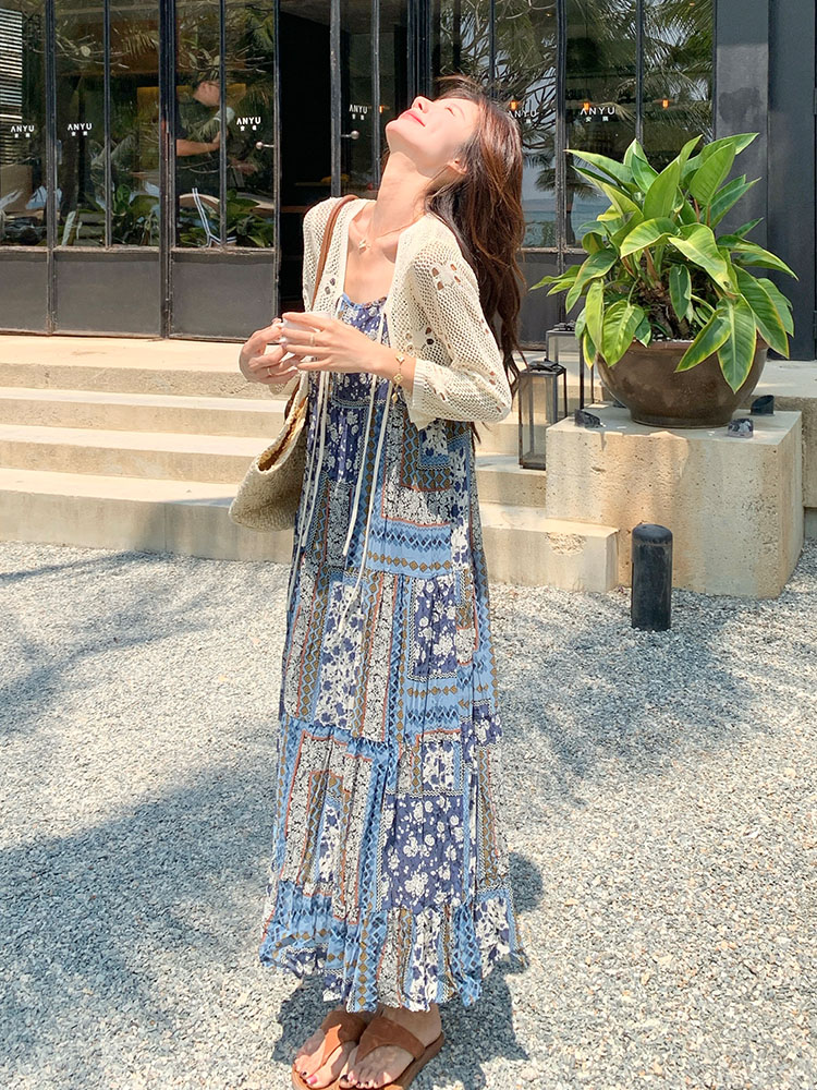 Retro Ethnic Printed Camisole Dress Set with Hollow-Out Cardigan - 2025 Summer Women's Two-Piece Vacation Outfit Retro Ethnic Printed Camisole Dress Set with Hollow-Out Cardigan - 2025 Summer Women's Two-Piece Vacation Outfit