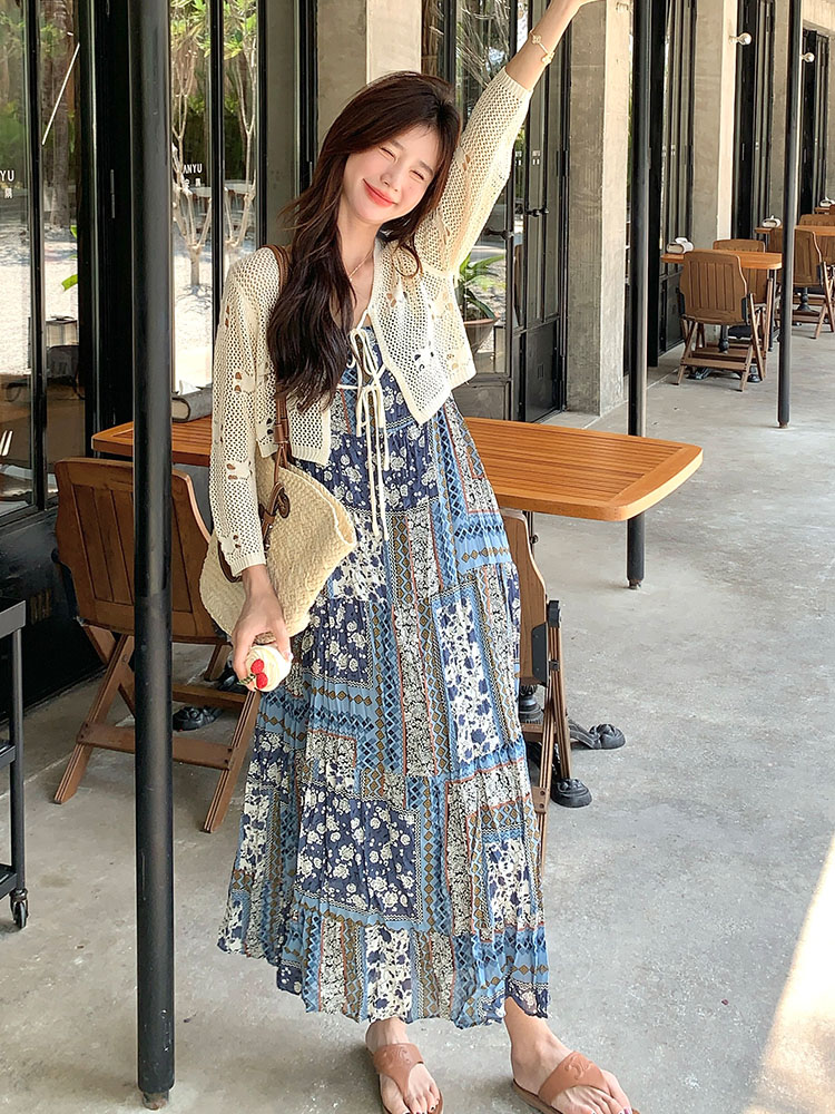 Retro Ethnic Printed Camisole Dress Set with Hollow-Out Cardigan - 2025 Summer Women's Two-Piece Vacation Outfit