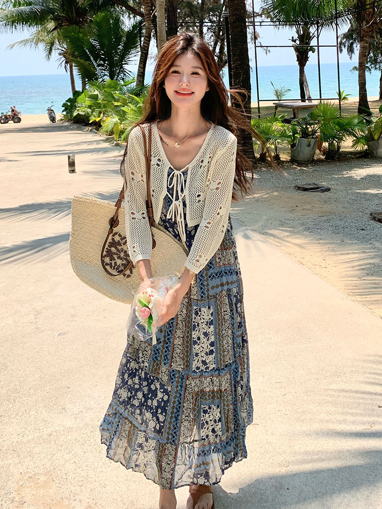 Retro Ethnic Printed Camisole Dress Set with Hollow-Out Cardigan - 2025 Summer Women's Two-Piece Vacation Outfit Retro Ethnic Printed Camisole Dress Set with Hollow-Out Cardigan - 2025 Summer Women's Two-Piece Vacation Outfit