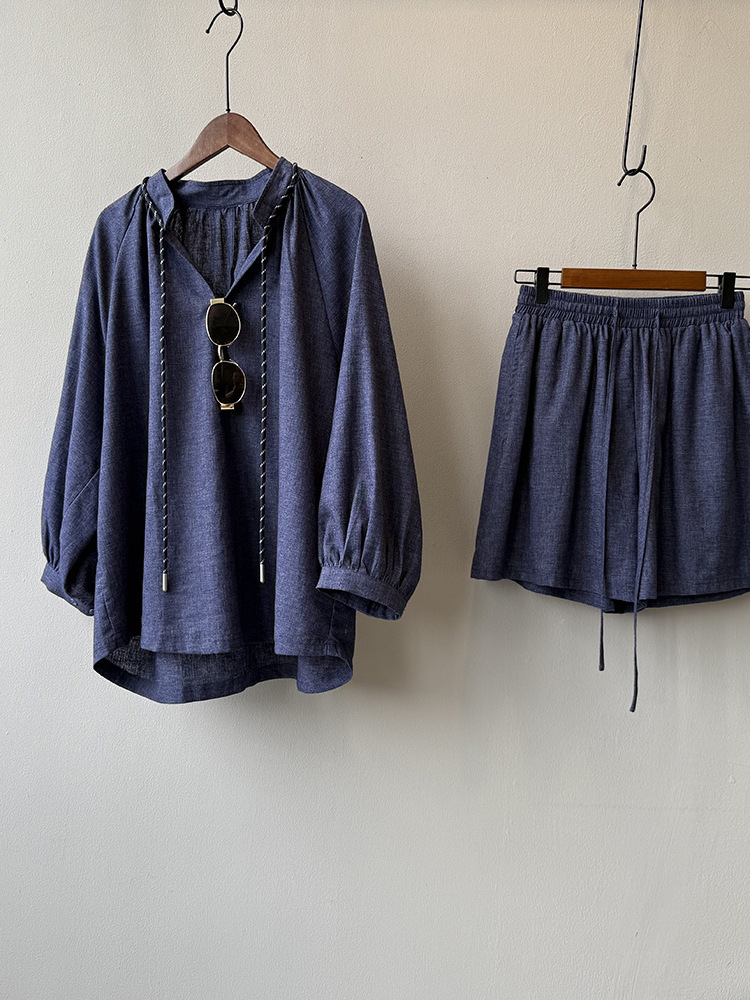 Retro Ethnic Style Drawstring Linen Shirt Set for Women, 2025 Summer Wide-Leg Pants & Shorts Two-Piece Outfit Retro Ethnic Style Drawstring Linen Shirt Set for Women, 2025 Summer Wide-Leg Pants & Shorts Two-Piece Outfit