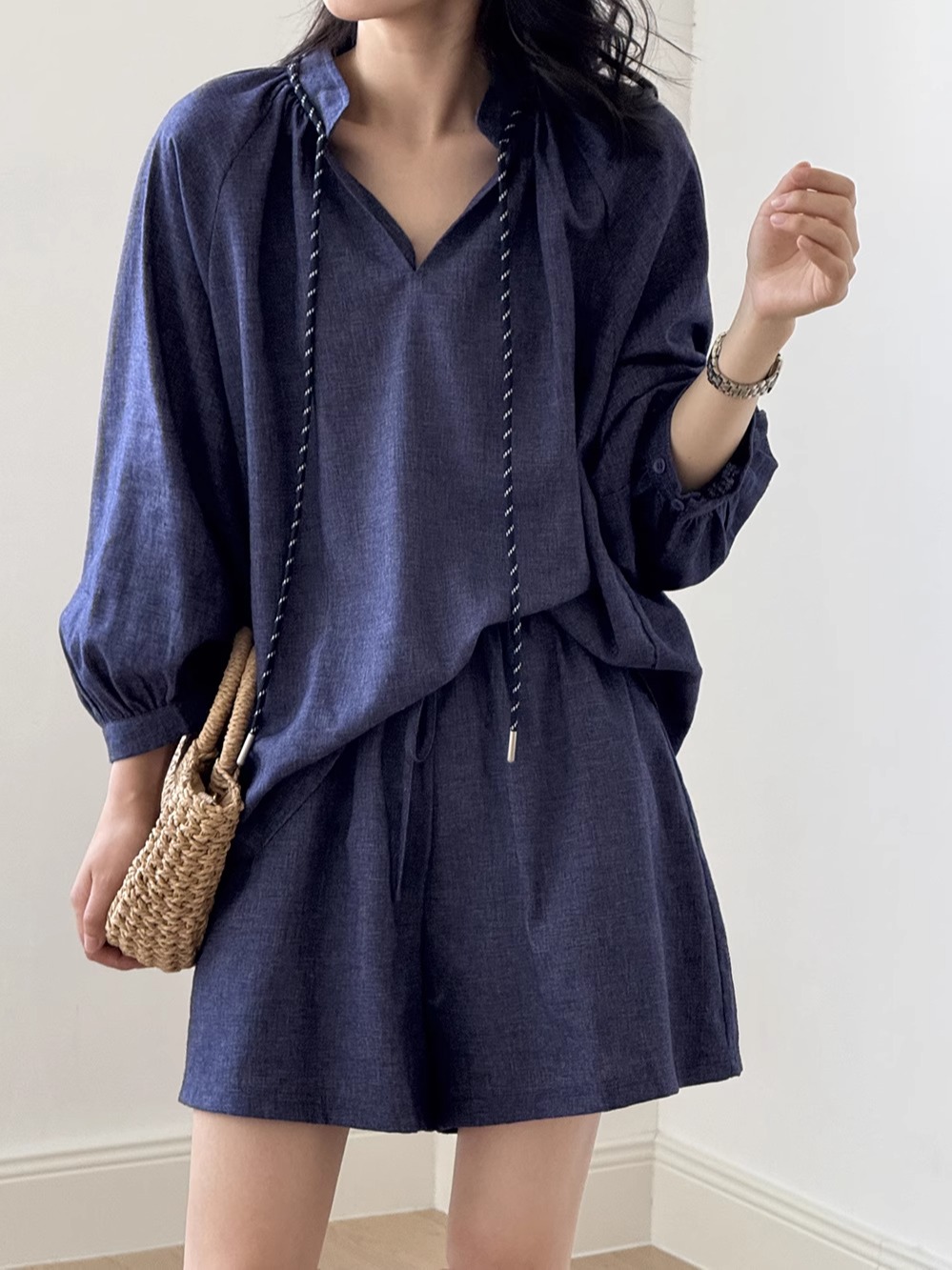 Retro Ethnic Style Drawstring Linen Shirt Set for Women, 2025 Summer Wide-Leg Pants & Shorts Two-Piece Outfit