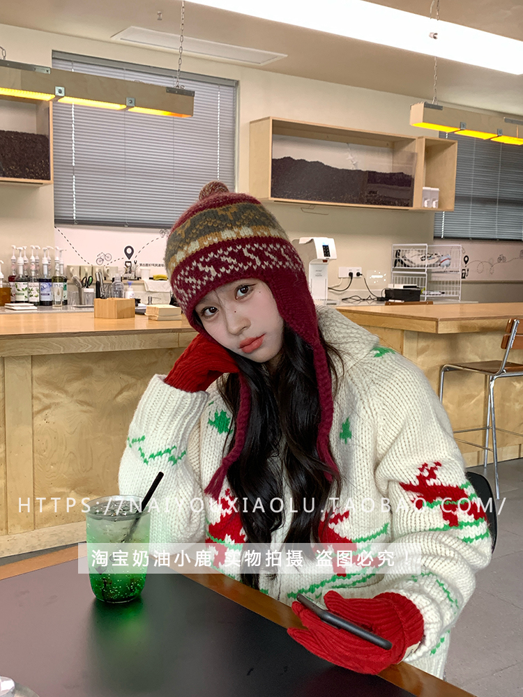 Retro Fair Isle Jacquard Wool Knitted Earflap Hat for Women - Winter Warm Yarn Flying Braid Lei Feng Style Retro Fair Isle Jacquard Wool Knitted Earflap Hat for Women - Winter Warm Yarn Flying Braid Lei Feng Style