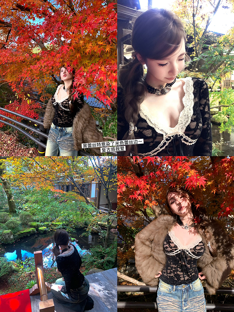 Retro Fishing Series Women's V-Neck Lace Base Shirt - Waist-Cinching Slim Fit Top, Perfect for Y2K and 90s Style Fashion Retro Fishing Series Women's V-Neck Lace Base Shirt - Waist-Cinching Slim Fit Top, Perfect for Y2K and 90s Style Fashion