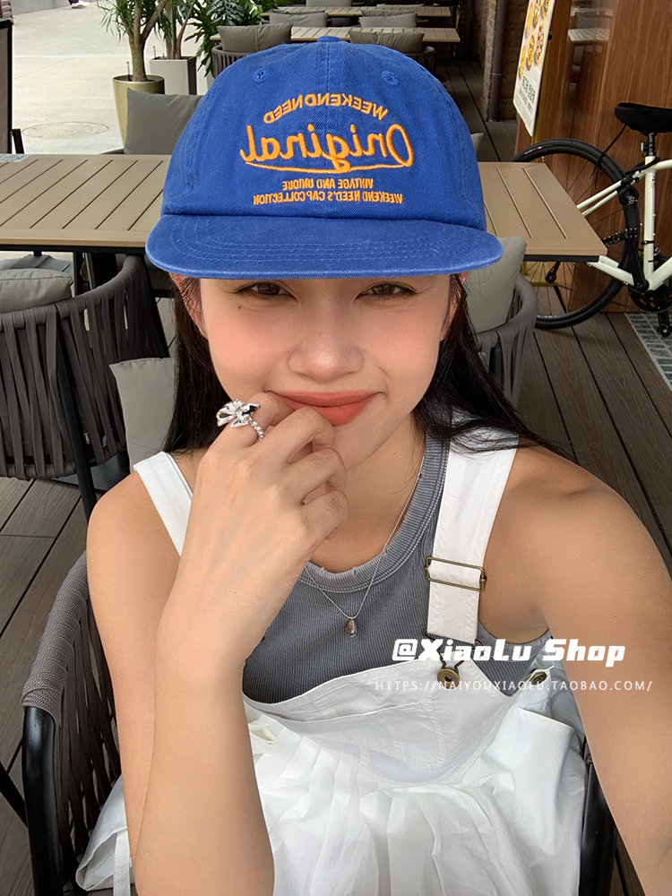 Retro Flat-Brim Blue Embroidered Baseball Cap for Women and Men - 2025 American Style Fashion Accessory