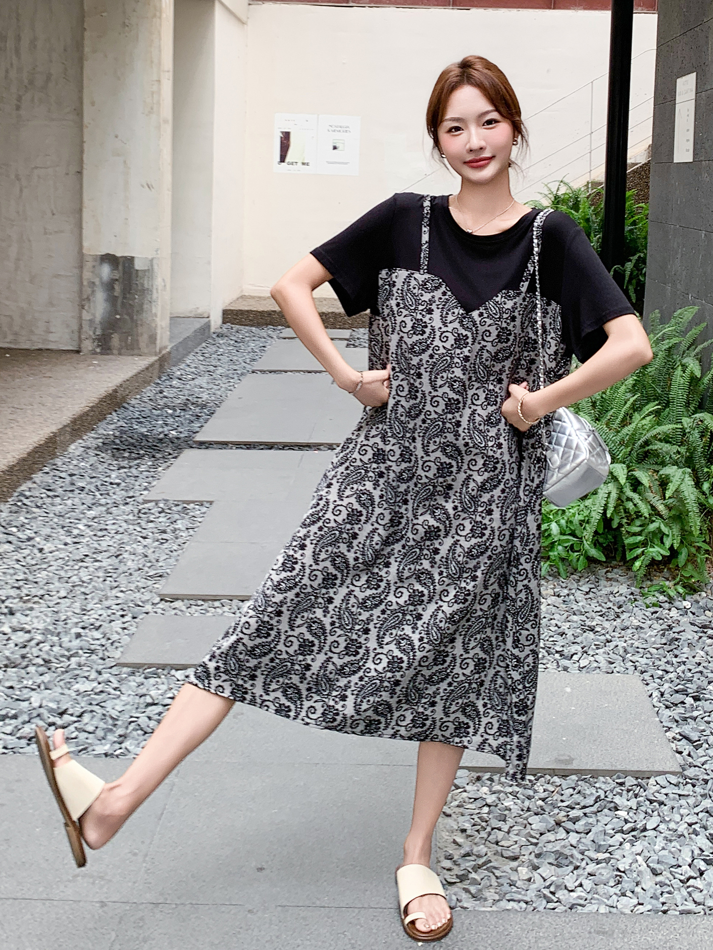 Retro Floral Spliced Dress for Women - 2025 Summer Loose Fit Two-Piece T-Shirt Dress in French Lazy Style