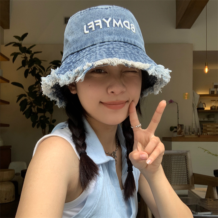 Retro Frayed Denim Fisherman Hat - Versatile Summer Bucket Hat for Sun Protection, Face-Flattering Style Retro Frayed Denim Fisherman Hat - Versatile Summer Bucket Hat for Sun Protection, Face-Flattering Style