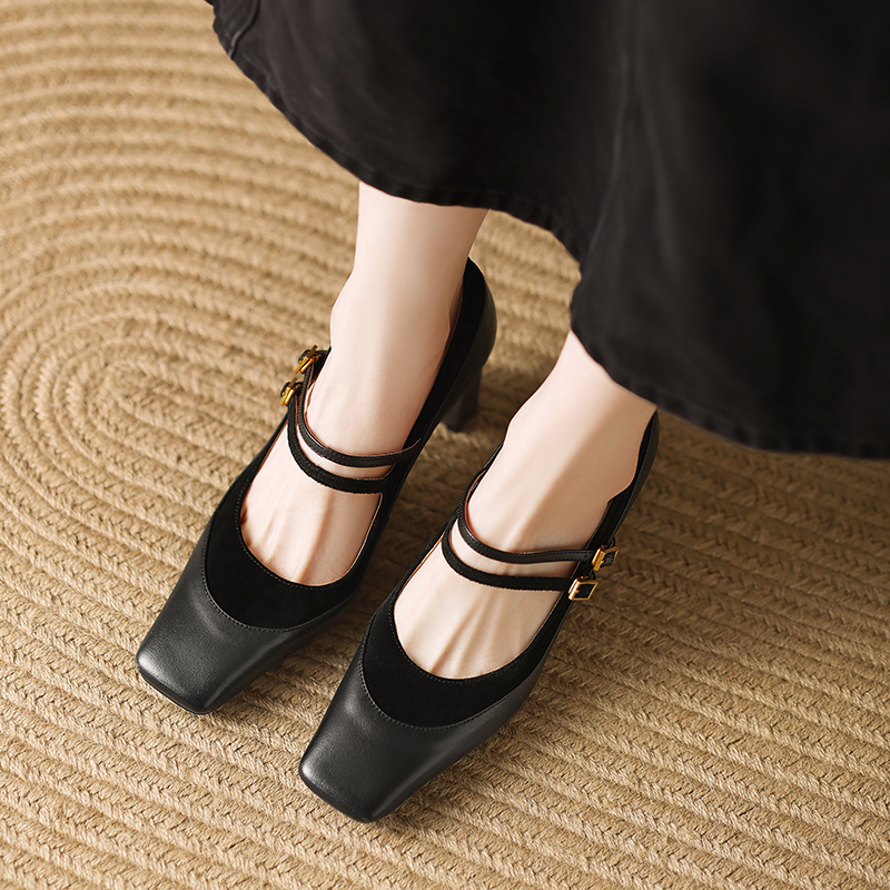 Retro French Style One-Strap Chunky-Heeled Square-Toe Mary Jane Shoes for Women - Versatile Sheepskin High Heels