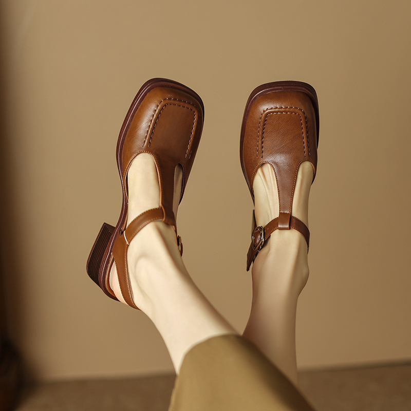 Retro Genuine Leather Chunky Heel Sandals for Women - Summer One-Strap Buckle T-Strap Roman Shoes, Thick Sole, Large Size 41