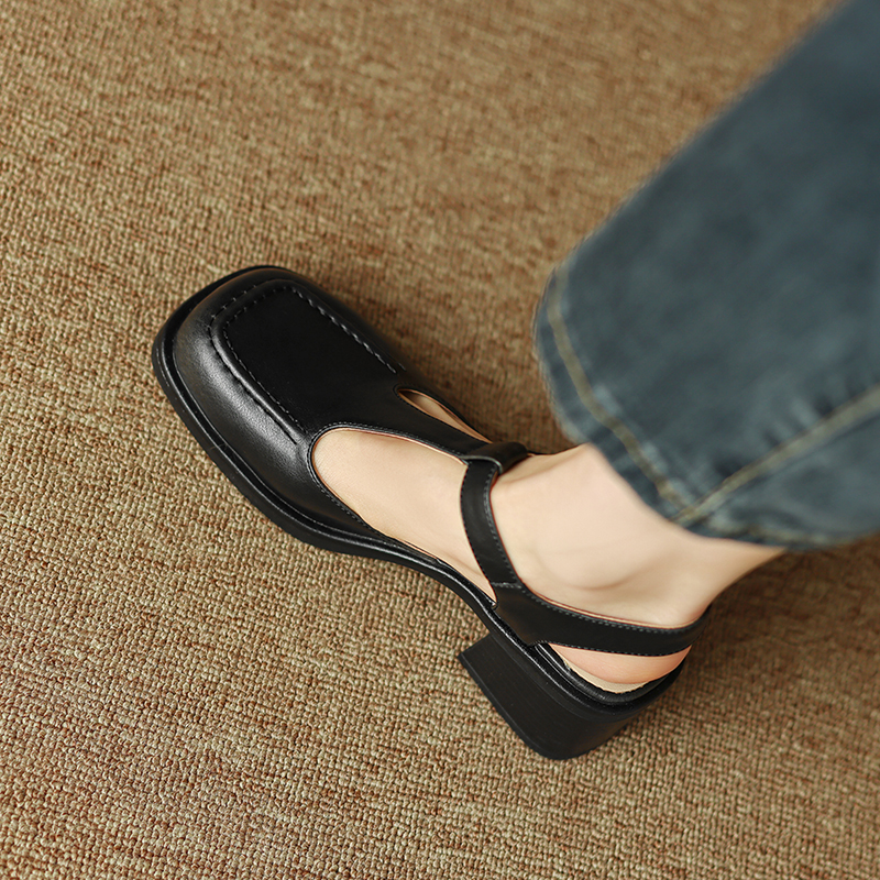 Retro Genuine Leather Chunky Heel Sandals for Women - Summer One-Strap Buckle T-Strap Roman Shoes, Thick Sole, Large Size 41