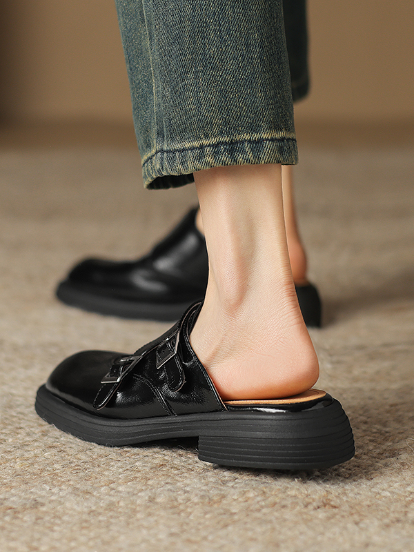 Retro Genuine Leather Open-Toe Half Slippers for Women - Summer Chunky Heel Slip-On Mules Sandals with Thick Sole Retro Genuine Leather Open-Toe Half Slippers for Women - Summer Chunky Heel Slip-On Mules Sandals with Thick Sole