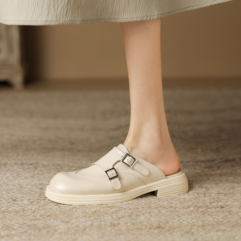 Retro Genuine Leather Open-Toe Half Slippers for Women - Summer Chunky Heel Slip-On Mules Sandals with Thick Sole Retro Genuine Leather Open-Toe Half Slippers for Women - Summer Chunky Heel Slip-On Mules Sandals with Thick Sole