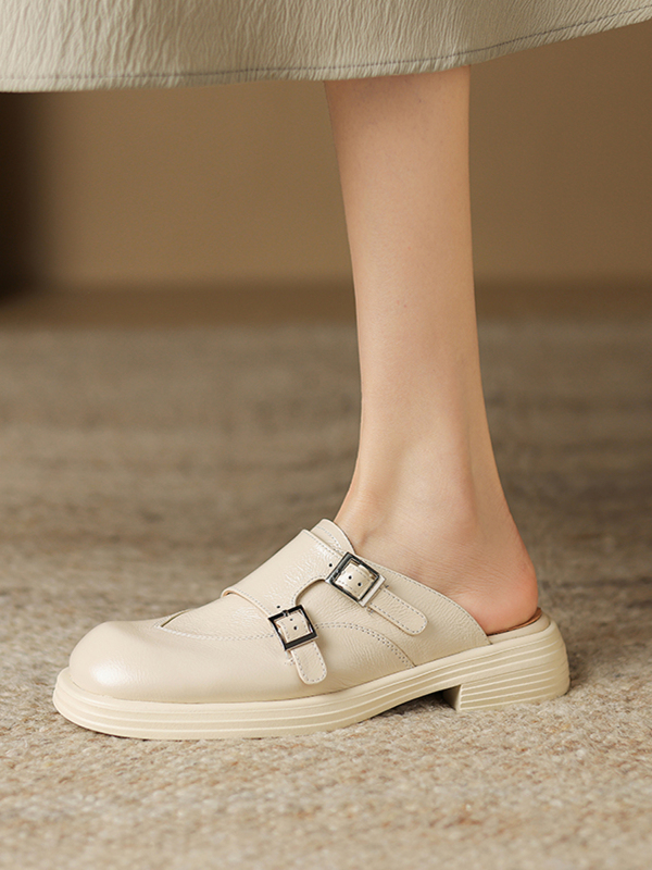 Retro Genuine Leather Open-Toe Half Slippers for Women - Summer Chunky Heel Slip-On Mules Sandals with Thick Sole