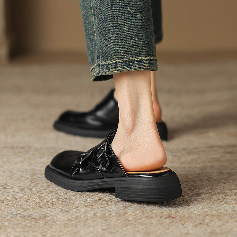 Retro Genuine Leather Open-Toe Half Slippers for Women - Summer Chunky Heel Slip-On Mules Sandals with Thick Sole Retro Genuine Leather Open-Toe Half Slippers for Women - Summer Chunky Heel Slip-On Mules Sandals with Thick Sole